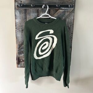 Men's Vintage Stussy Curly S Logo Green & Cream Knit Sweater